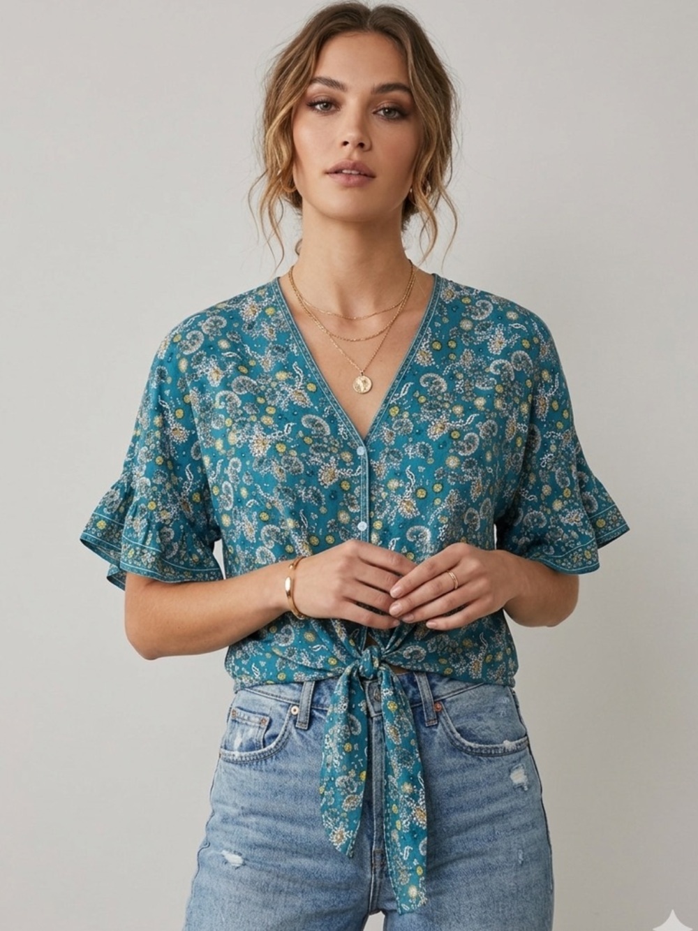 Max Studio Blue Paisley Tie Front Blouse Small Boho Floral Lightweight Top